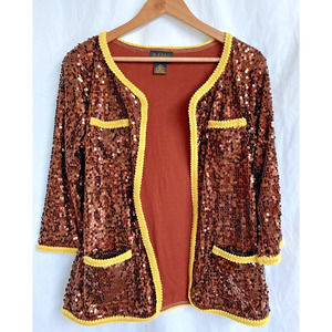 IMAN Bronze Metallic Sequin Blazer Jacket Yellow trim Size M NWOT